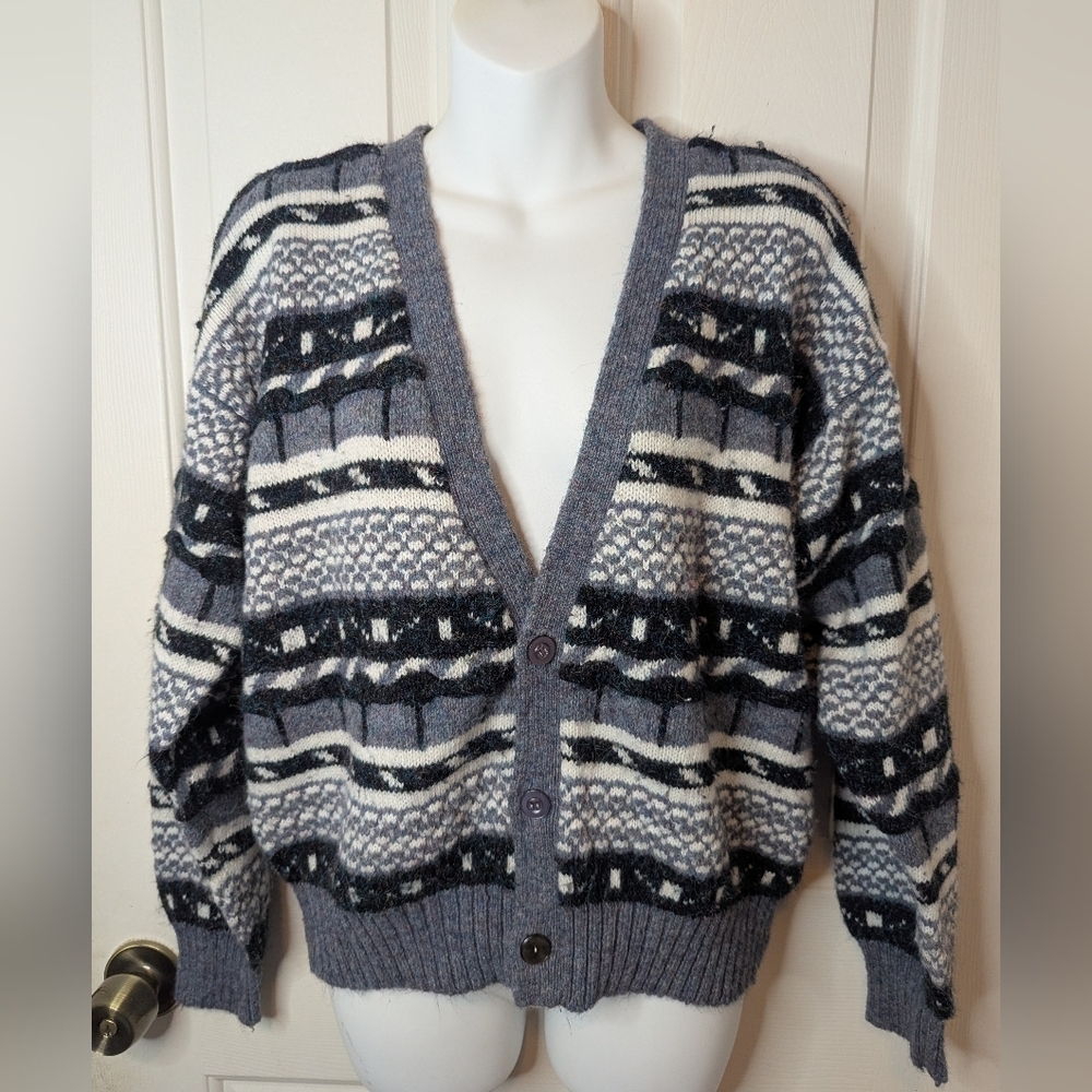 Concrete Mix Vintage 90's Chunky Knit Black/White/Gray Cardigan L (16-18)
